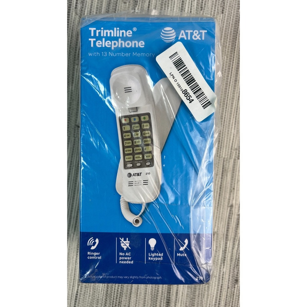 AT&T Trimline 210 Corded Phone White 13 Number Memory Backlit Keypad New Sealed